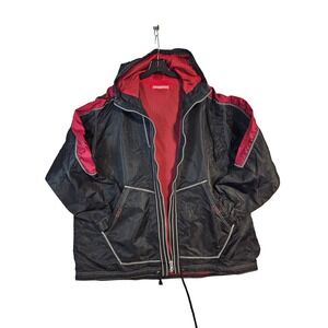 Y2K Unionbay Mens Black Red Hooded Windbreaker Jacket Mesh Lined Size 3XL Vtg